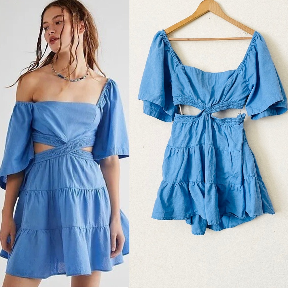 Free People LARGE Cross of Sunlight blue cutout mini dress